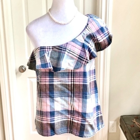 Anthropologie Tops - Anthropologie Top Plaid One Shoulder Pink Blue (S)